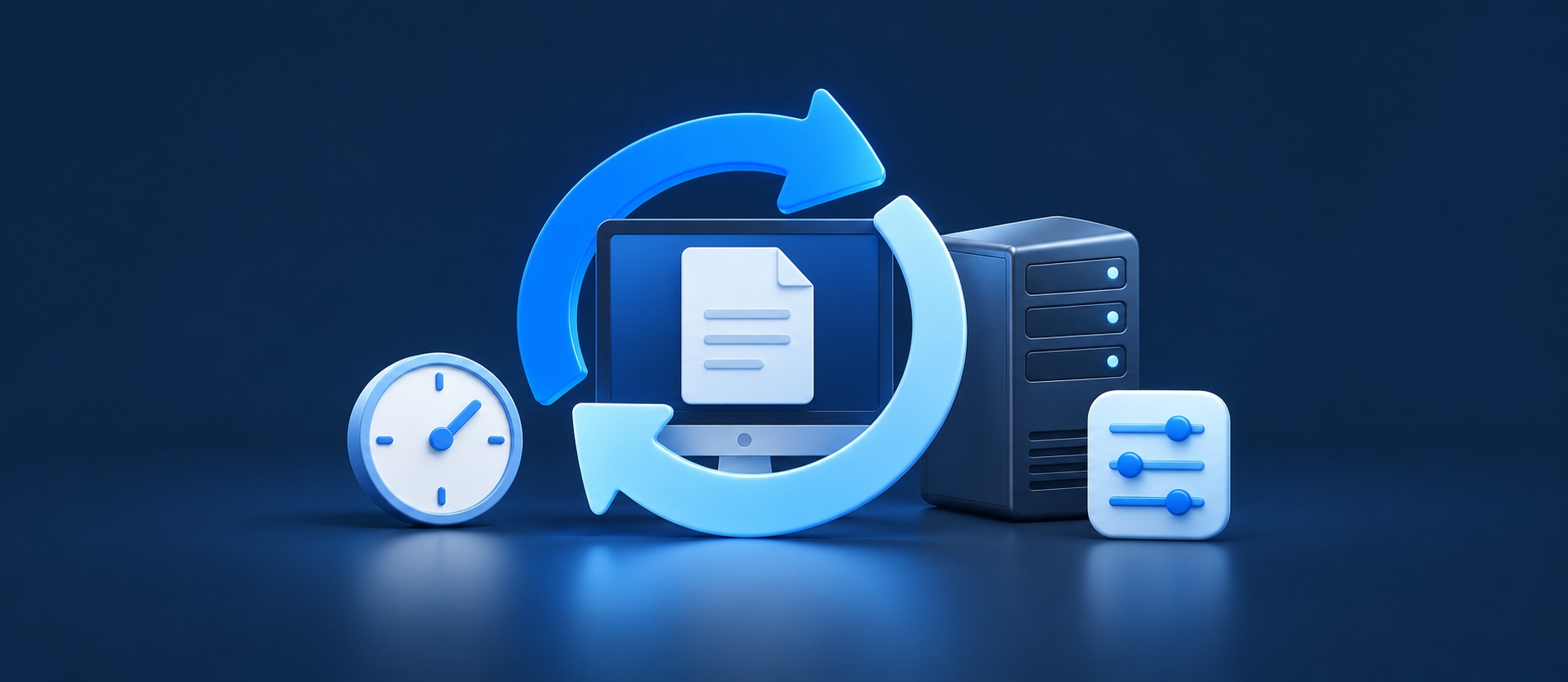 Automatic update arrows around a desktop and server, with a clock for time saved and sliders for administrator control