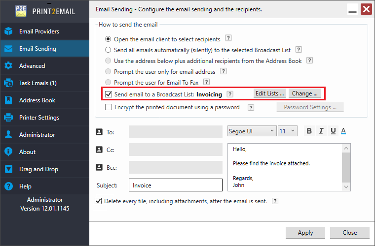 Using Print2Email in Broadcast Mode