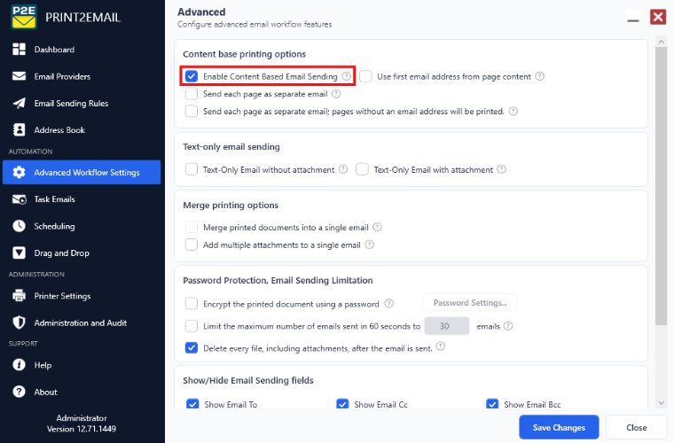 Enable Content based email sending