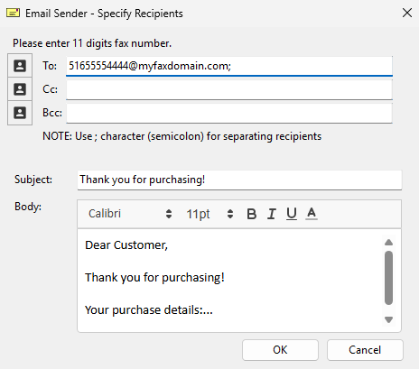 Email Sender - Specify Recipients window