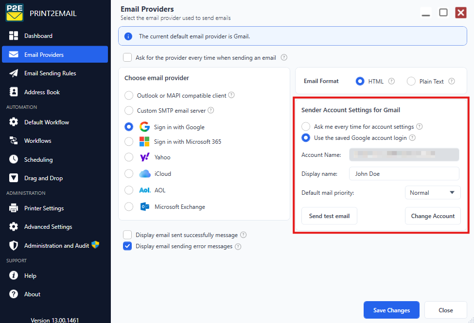 Sender Account Settings for Gmail