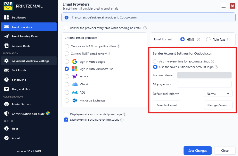 Sender account settings for Outlook.com